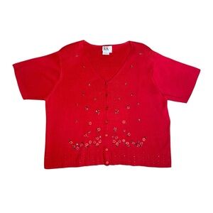 VTG 90s Y2K Red Floral Rosette Beaded Short Sleeve Button Front Cottage Knit Top